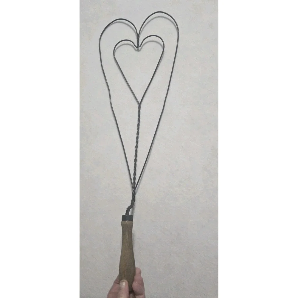 Vintage Large Metal Twiated Wire Double Heart Rug Beater With Wooden Handle